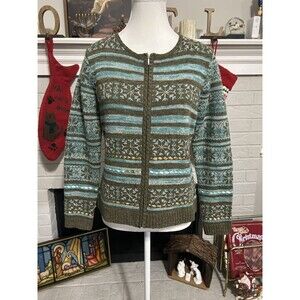 Talbots Womens Fair Isle Snowflake Zip Up Sweater Size SP Green Blue Wool